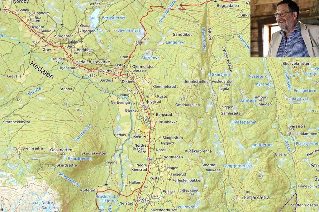 Kart over Hedalen og bilde av Svein Lie